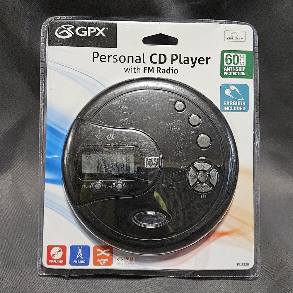 GPX PC332B Black Personal CD Player FM Radio 60-Sec Anti-Skip W/ Earbuds NEW